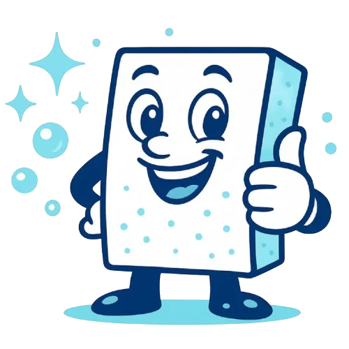 Personagem de esponja sorridente com polegar para cima, bolhas e brilho, representando limpeza e higiene eficaz