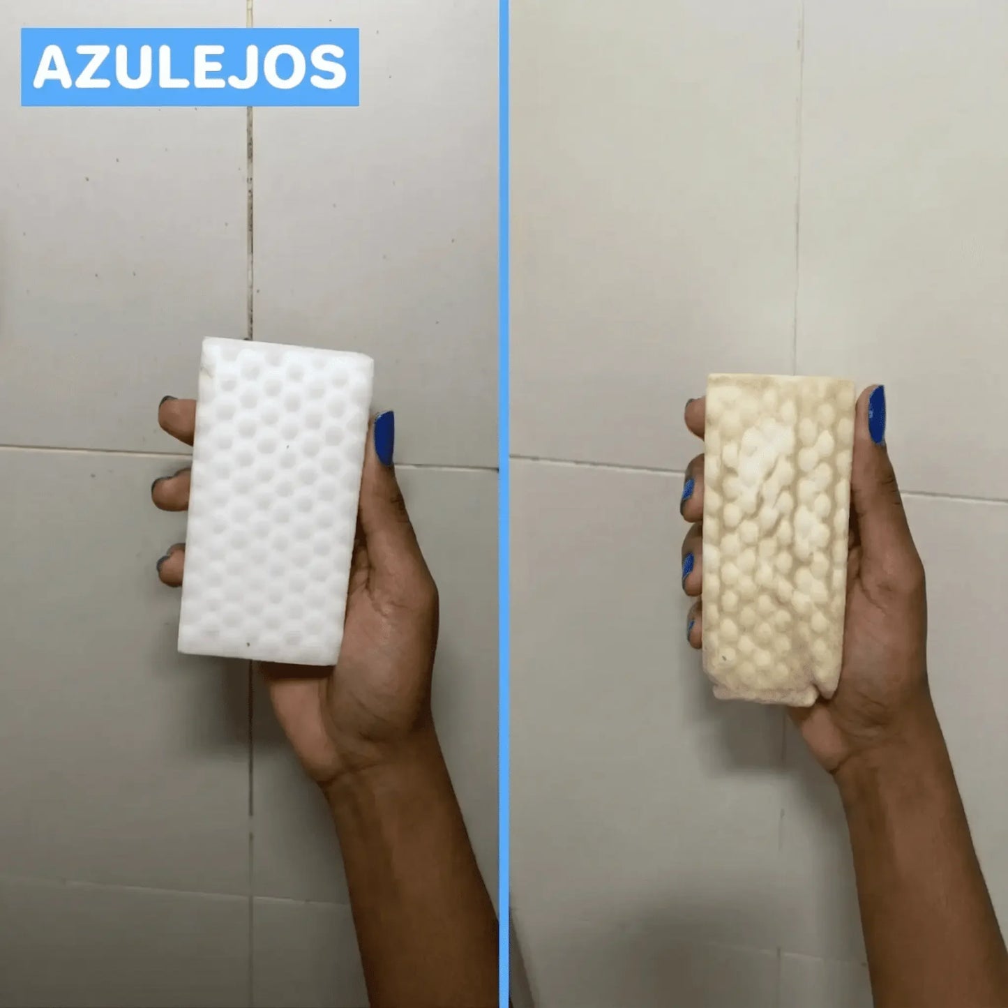Efeito de limpeza em azulejos com esponja branca antes e depois