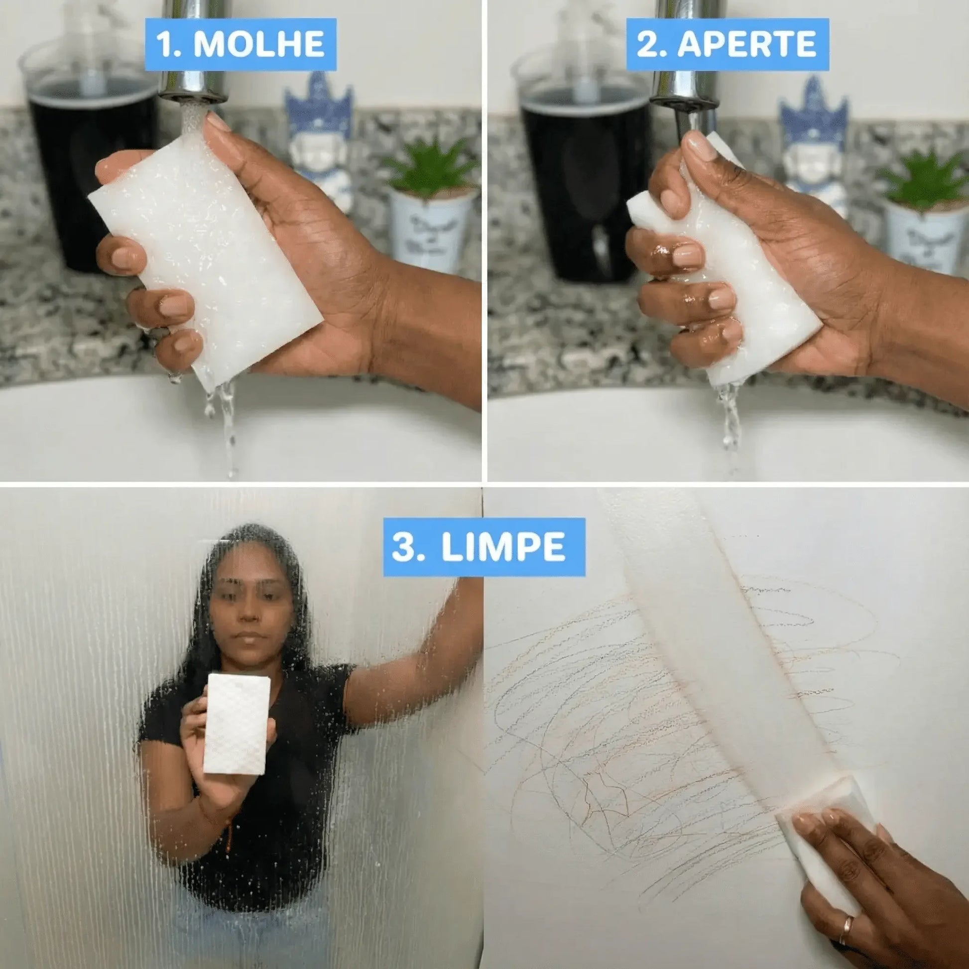 Esponja Mágica LIMPIM em uso: molha, aperta e limpa a superfície