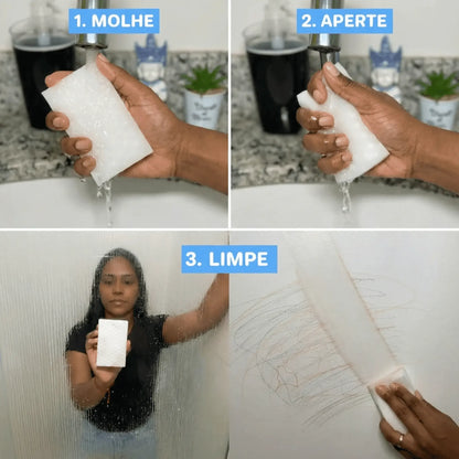 Esponja Mágica LIMPIM em uso: molha, aperta e limpa a superfície