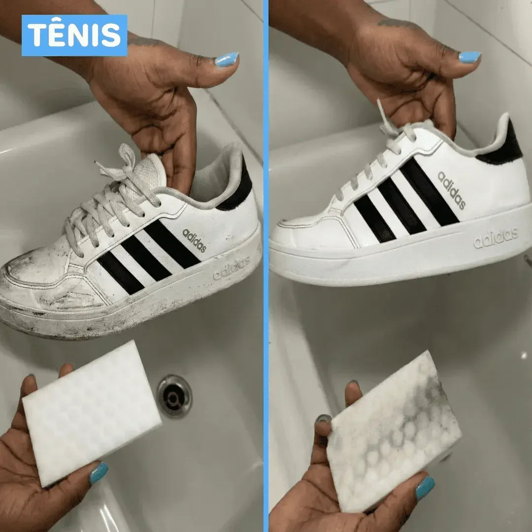 Ténis branco antes e depois de limpo com a Esponja Mágica LIMPIM