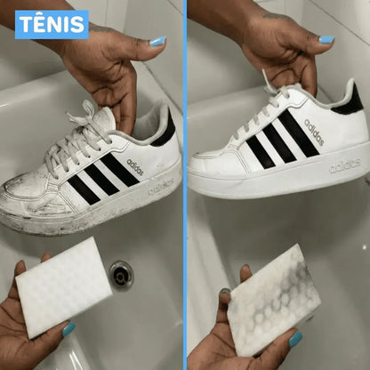 Ténis branco antes e depois de limpo com a Esponja Mágica LIMPIM