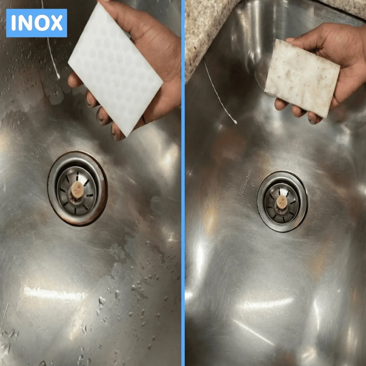 Limpeza de pia de inox com esponja, antes e depois