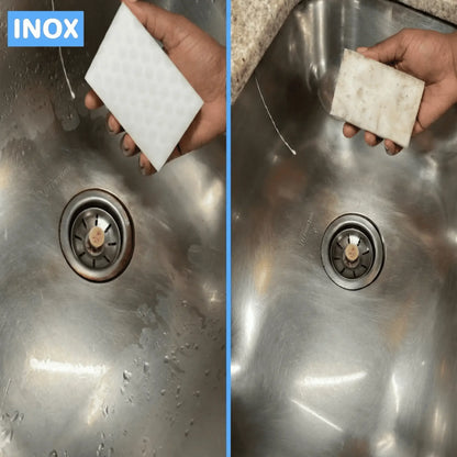 Limpeza de pia de inox com esponja, antes e depois