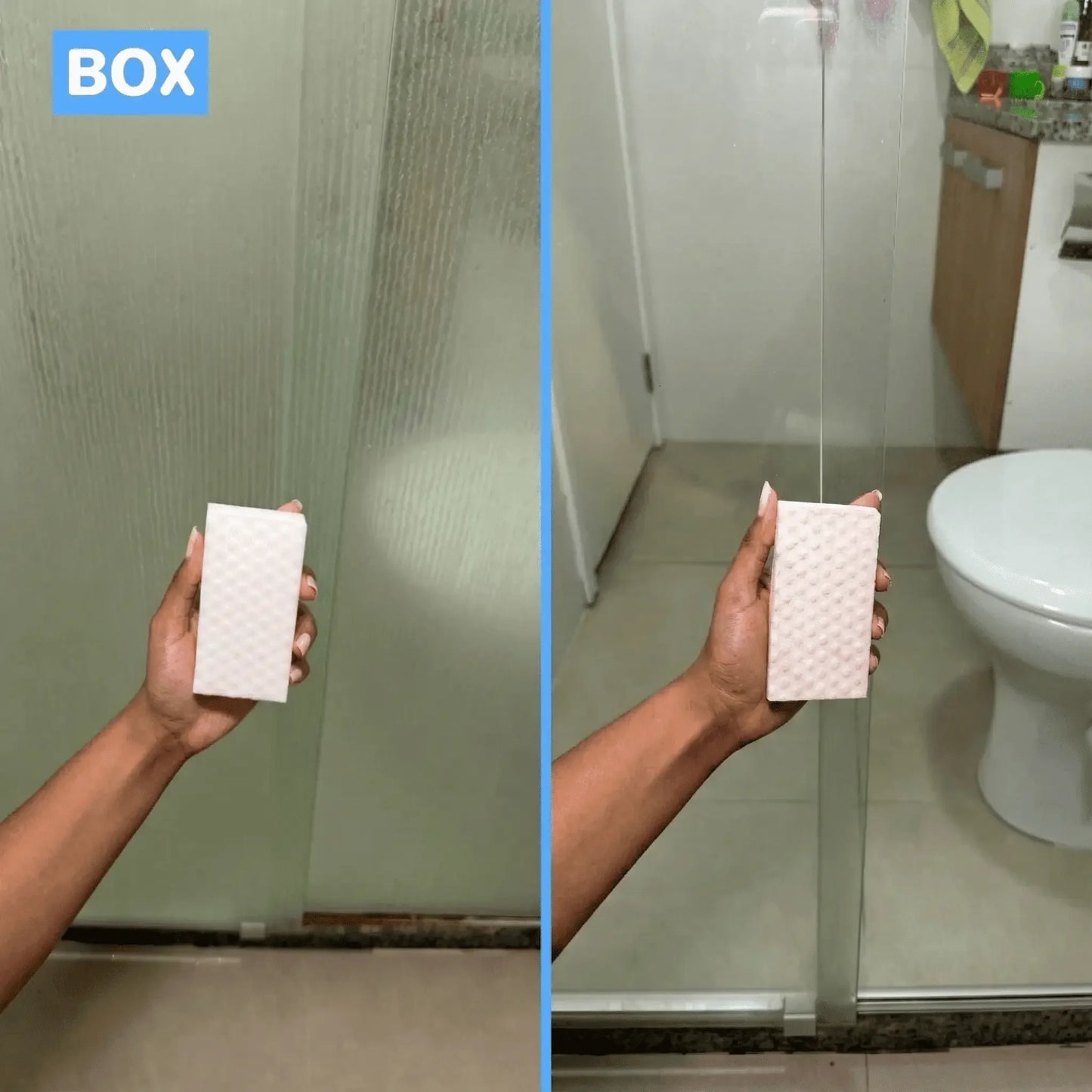 Esponja de limpeza para vidros e banheiro, antes e depois da limpeza, mostrando eficácia no removedor de sujeira