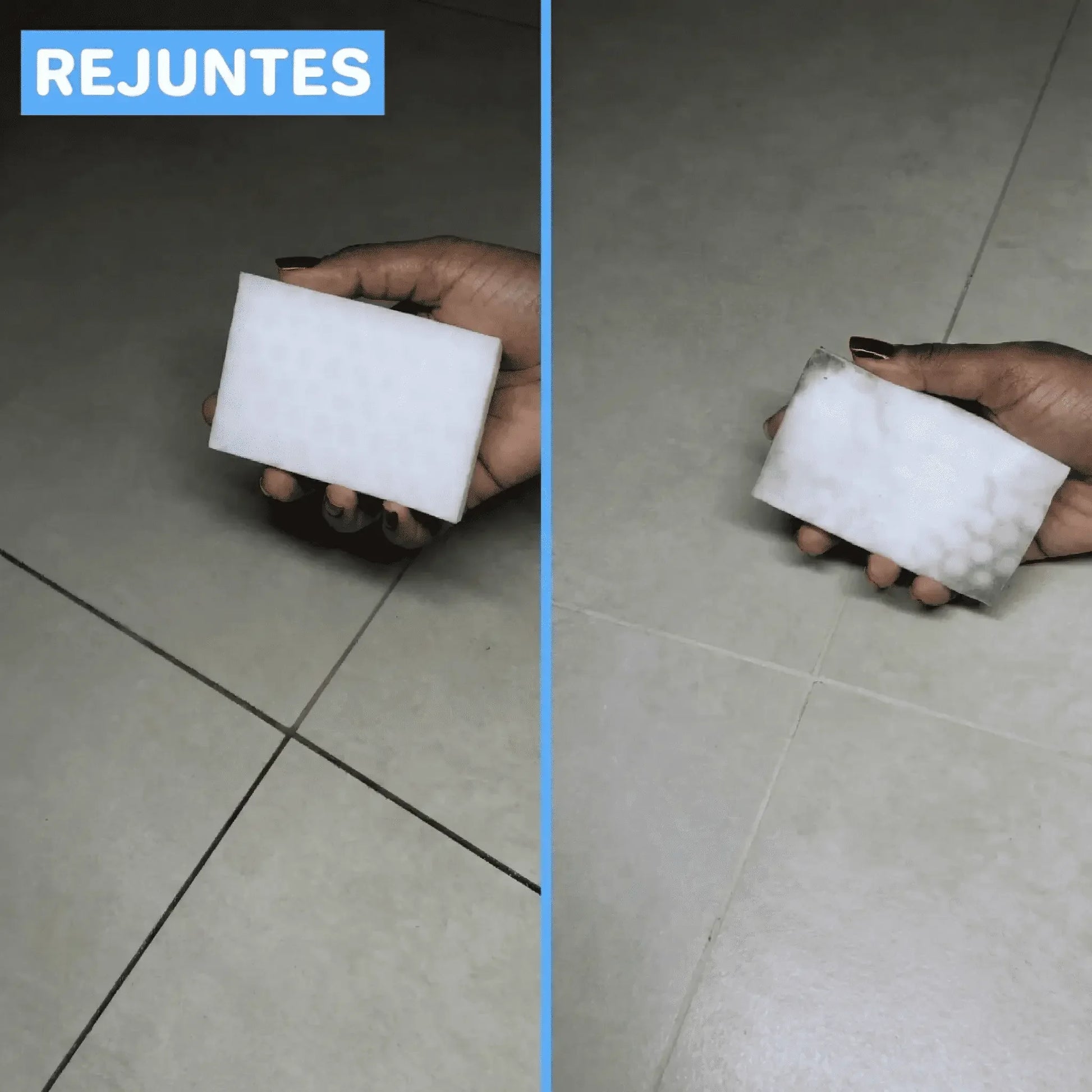 Esponja mágica limpa rejunte de piso, antes e depois da limpeza, removedor de sujeira eficaz